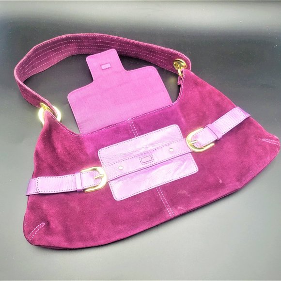 Purple Suede Shoulder Bag Large brass Accents17" strap - Picture 3 of 10